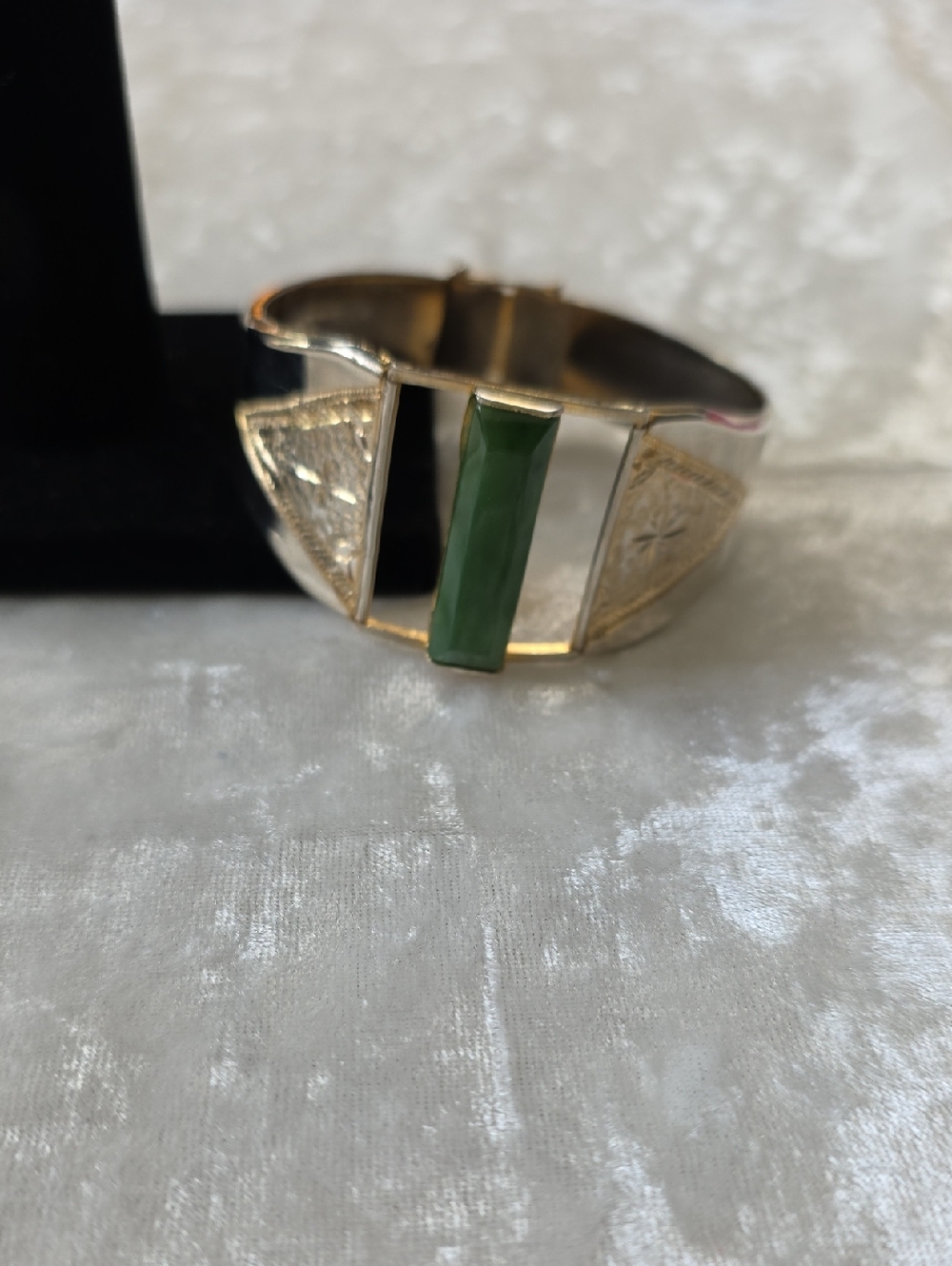Vintage 1970s Gold-Tone Statement Boho Chic Bracelet with Jade Stone Center